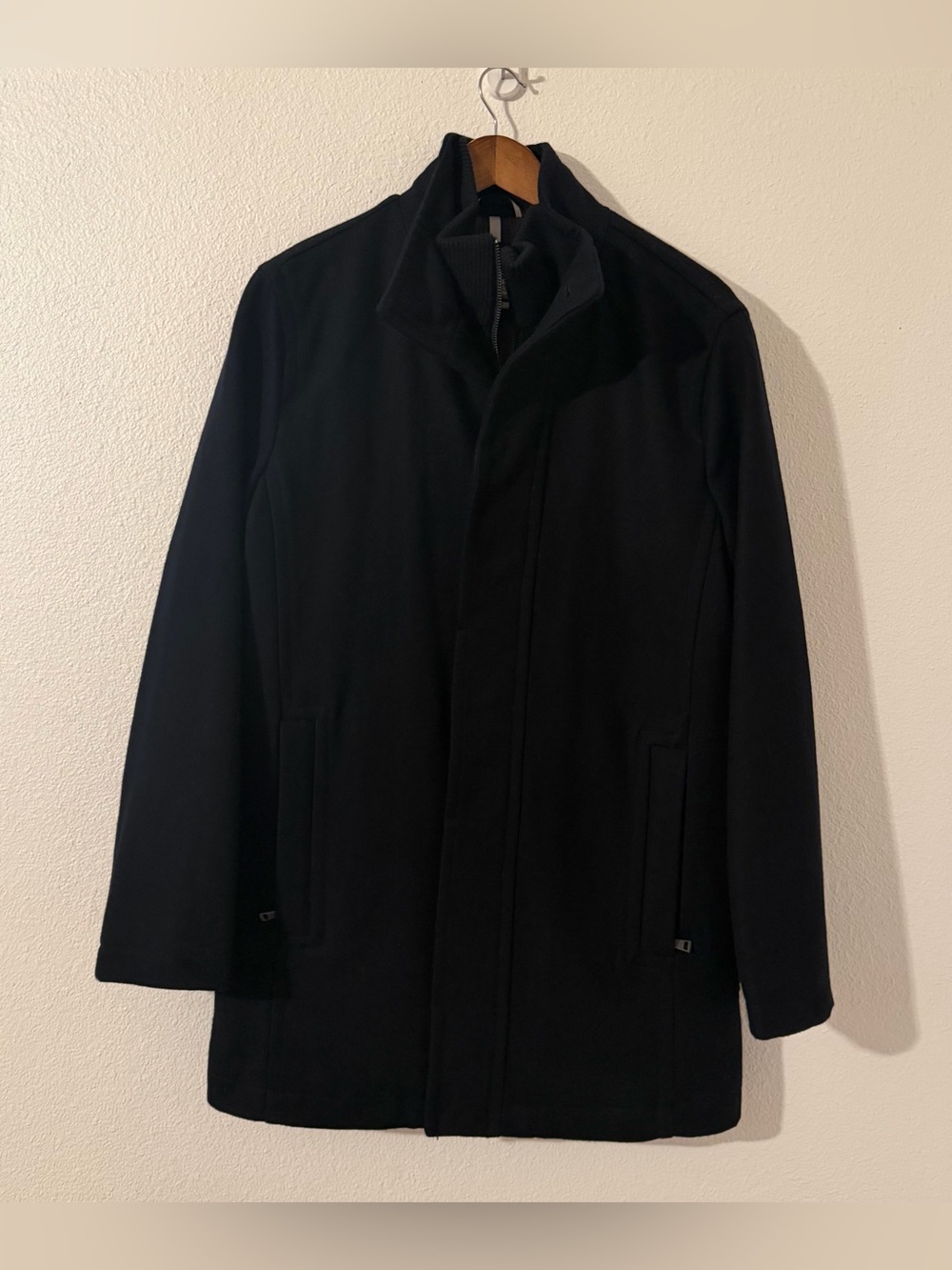 Cole Haan Mens Small Black Wool Blend Mid-Length Coat Stand-Up Collar Button/Zip